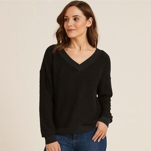 NWT Adreamly Black Loose Fit V-Neck Waffle Textured Long Sleeve Sweeter - Small